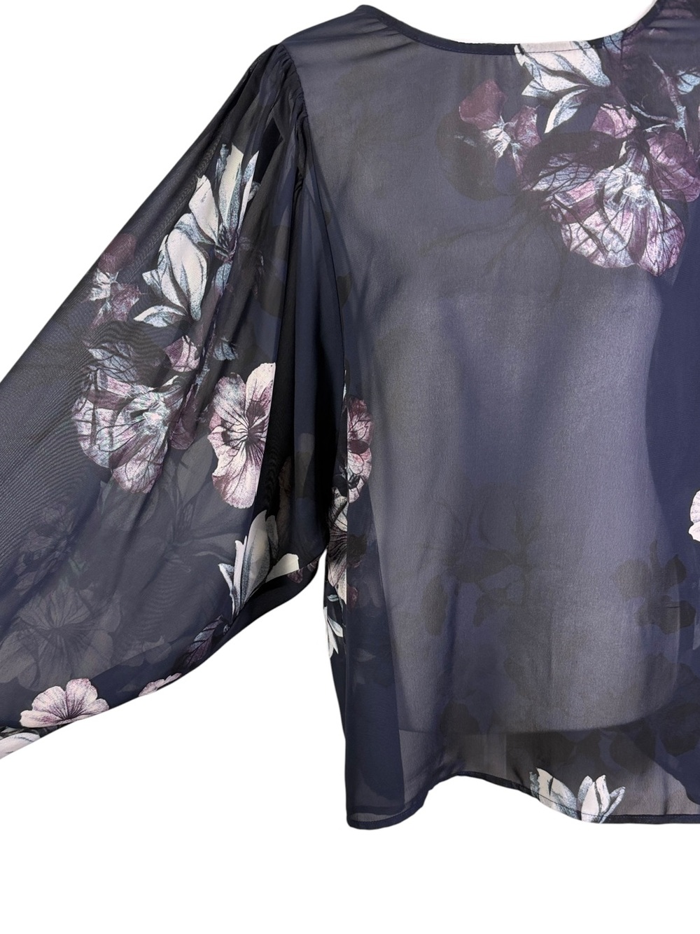 Hope & Harrow Navy Pink floral Sheer Blouse with Ballon sleeves Size L - Picture 2 of 11